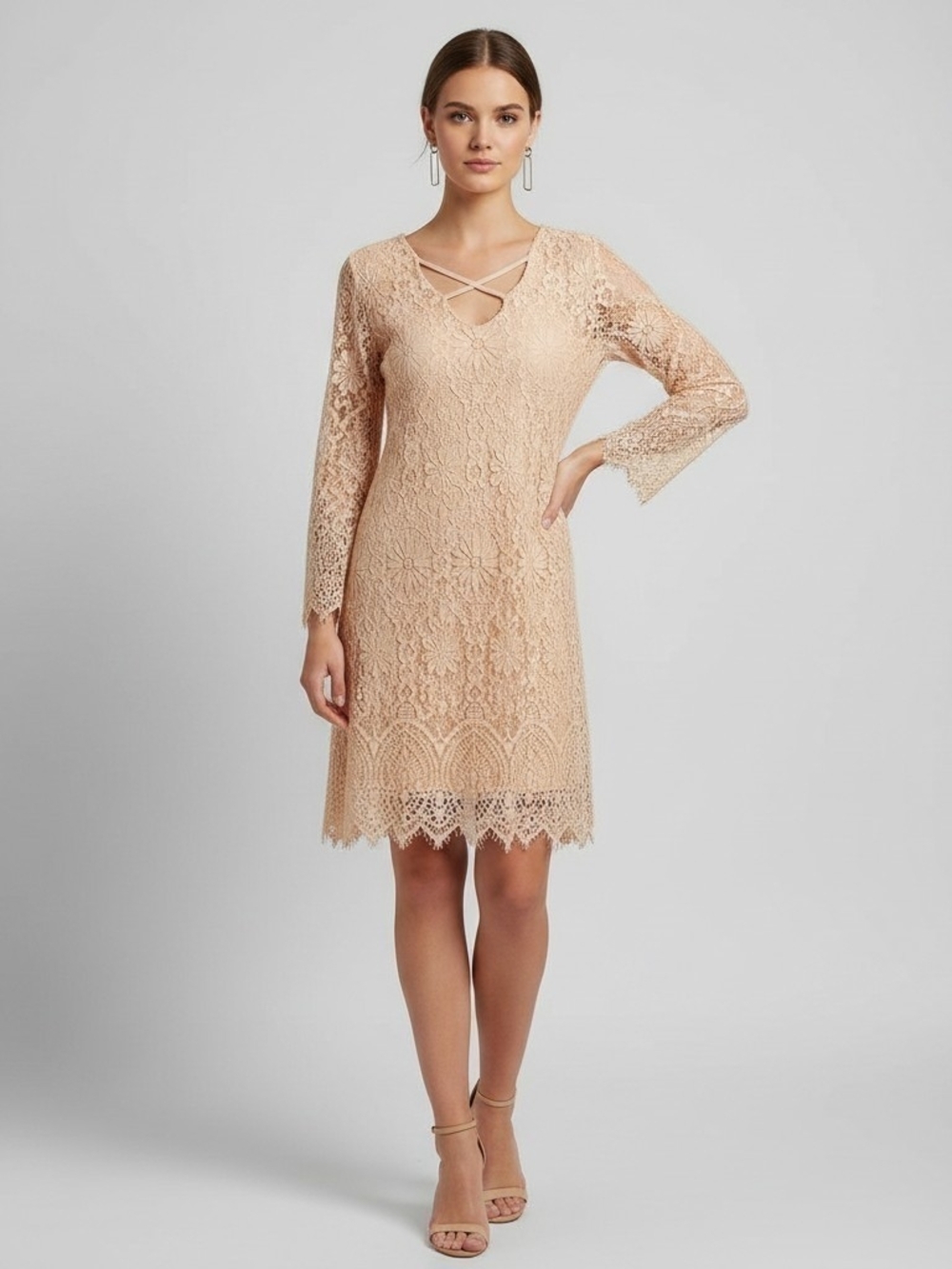 Altar'd State Peach Floral Crochet Lace Mini Dress Boho V Neck Long Sleeve Large